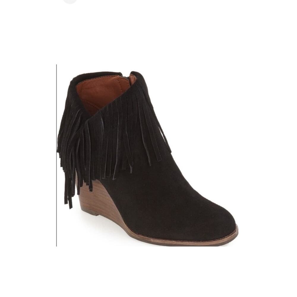 Lucky Brand Black Suede Wedge Yachin Booties Size 6.5 Boho Fringed Western